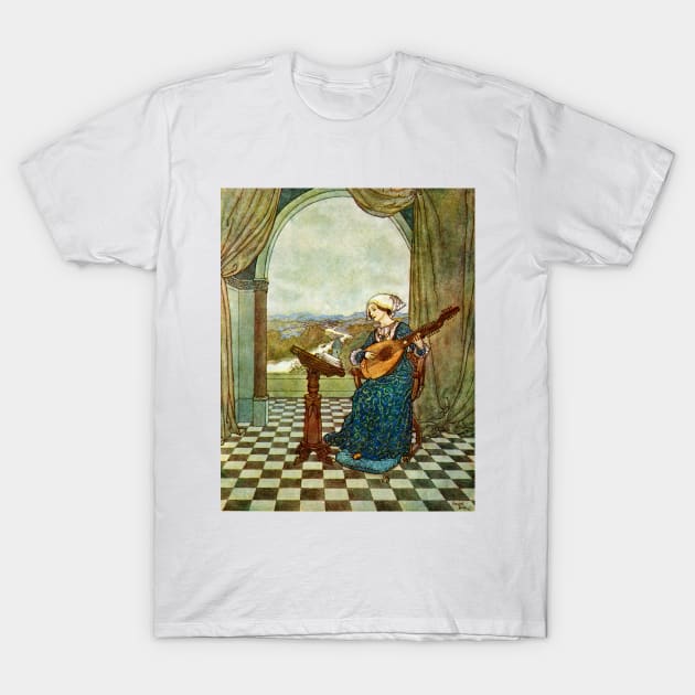 Woman Playing Lute, A Wind’s Tale by Hans Christian Andersen T-Shirt by rocketshipretro
